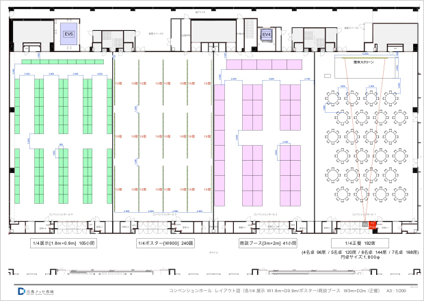 コンベンションホール各4分の1展示(1890)＋ポスター＋商談ブース(3030)＋正餐